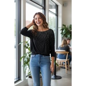 White House Black Market Women's Black Pullover W/ Silver Embellishment size XS